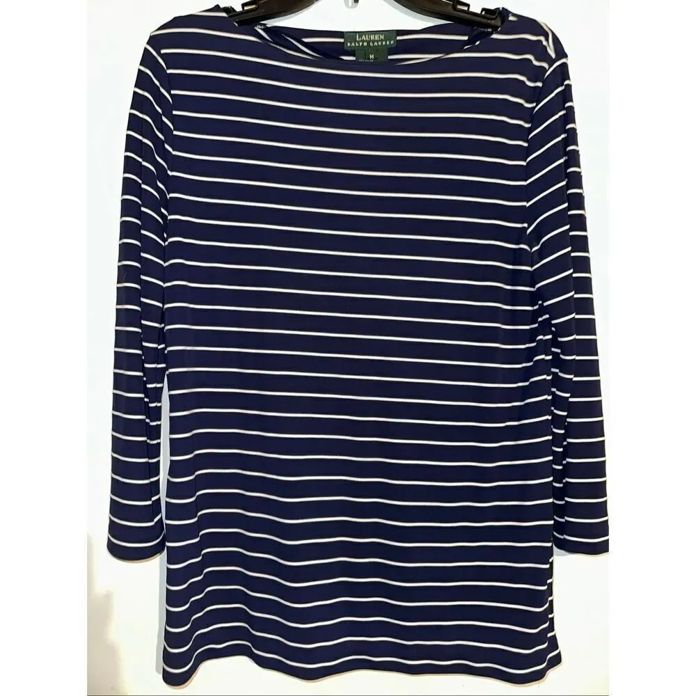 Ralph Lauren Sport Women Rayon Navy White Striped Top Size Medium M Nautical Pre